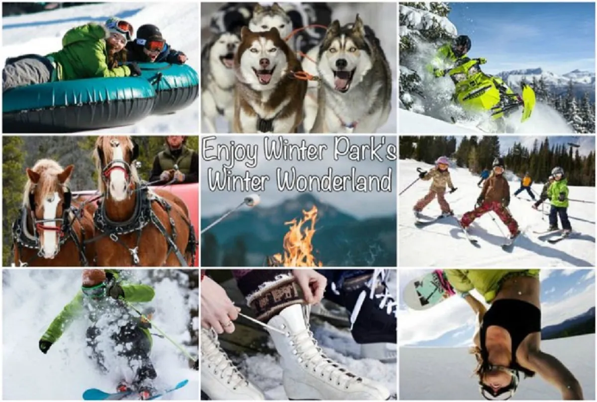 Families are outside in a snowy landscape, enjoying winter activities such as snow tubing, dog sledding with huskies, snowmobiling, horse-drawn sleigh rides, gathering around a fire, and ice skating. Children can be seen playing gleefully in the snow, with a festive and energetic atmosphere.
