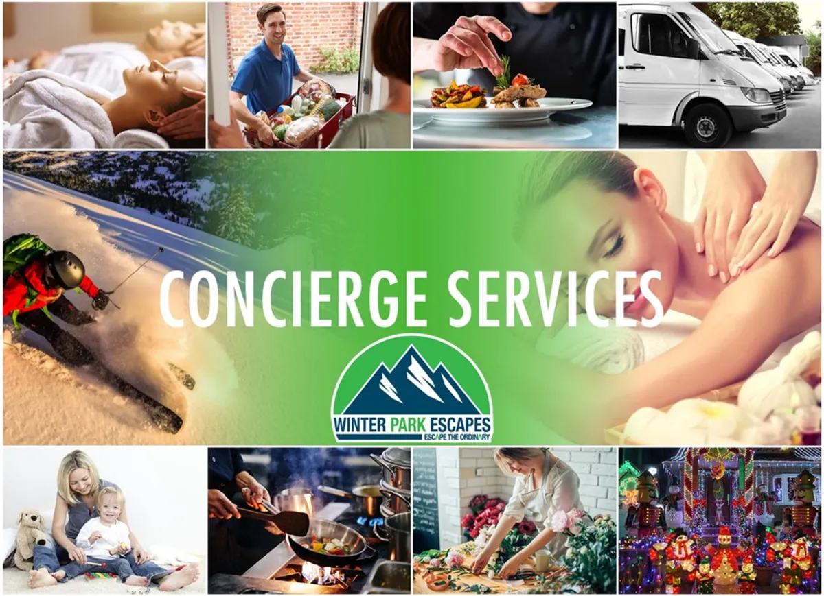 A vibrant collage-style interior scene showcases visual references to concierge services, spa treatments, family activities, gourmet food preparation, and winter sports, underscoring the resort-level extras available to guests.