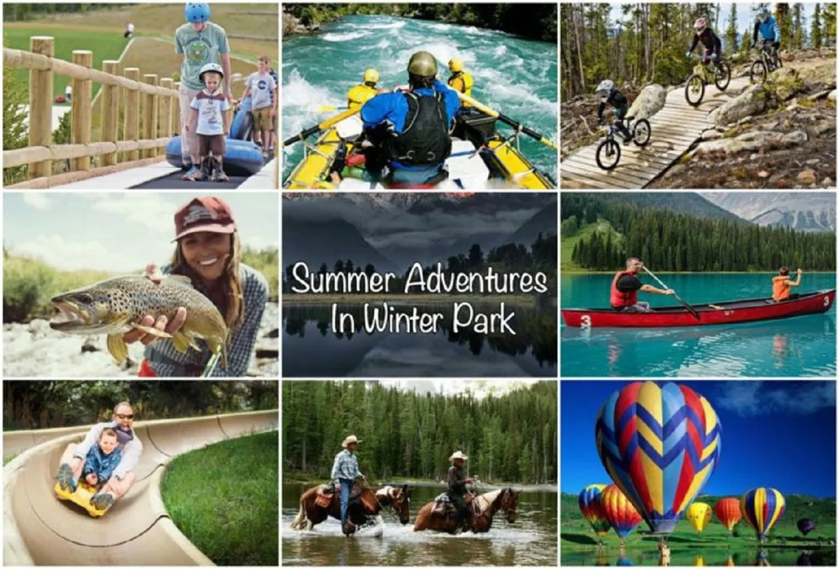 Families are engaged in a variety of exhilarating outdoor activities, including kayaking, fishing, biking, horseback riding, sliding down water slides, and even soaring in hot air balloons. The environment is lush, sunny, and energetic, capturing the thrill of summer adventures.
